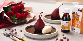 Rose Red Wine Poached Pear with Loquat Mascarpone
